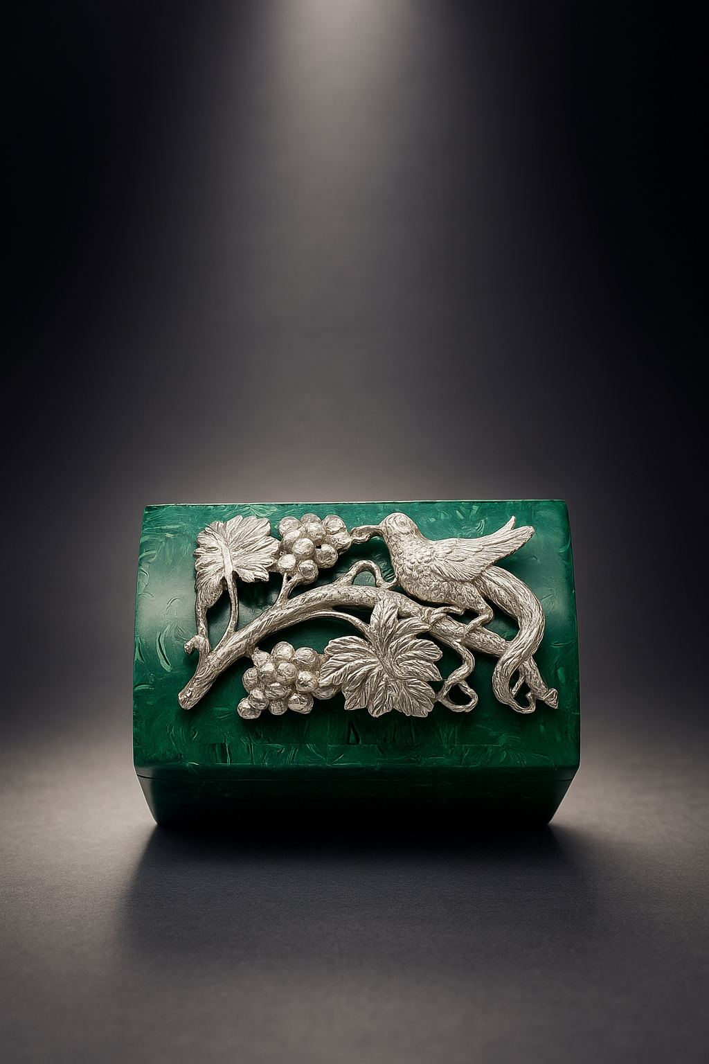 Malachite Jewelry Box Embellished with Silver flower and bird