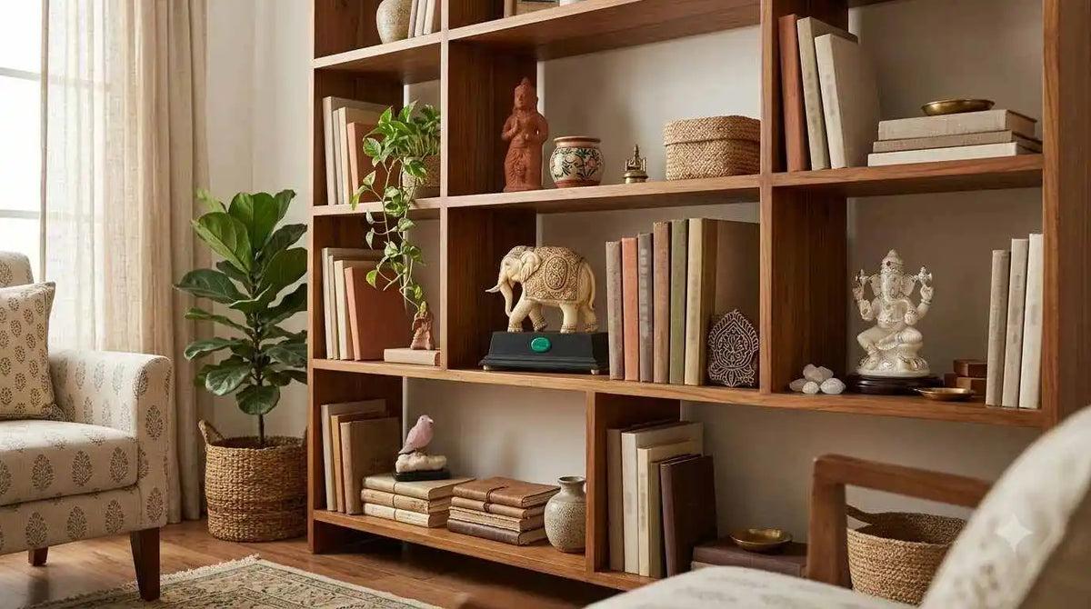 Bookshelf styled with Indian handcrafted decor, statues and photo frames