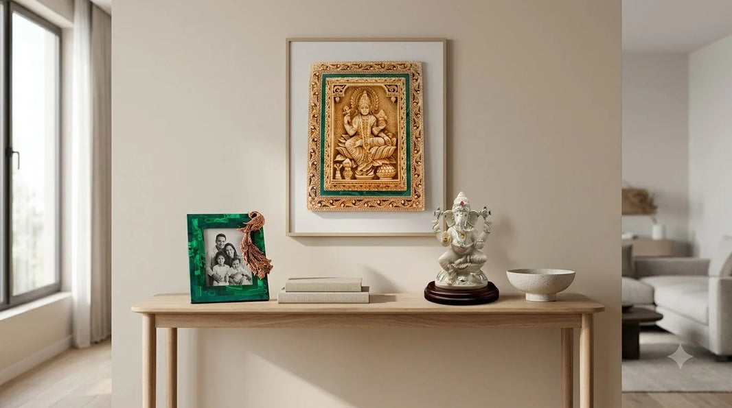 Modern console table decorated with handcrafted decor and showpieces