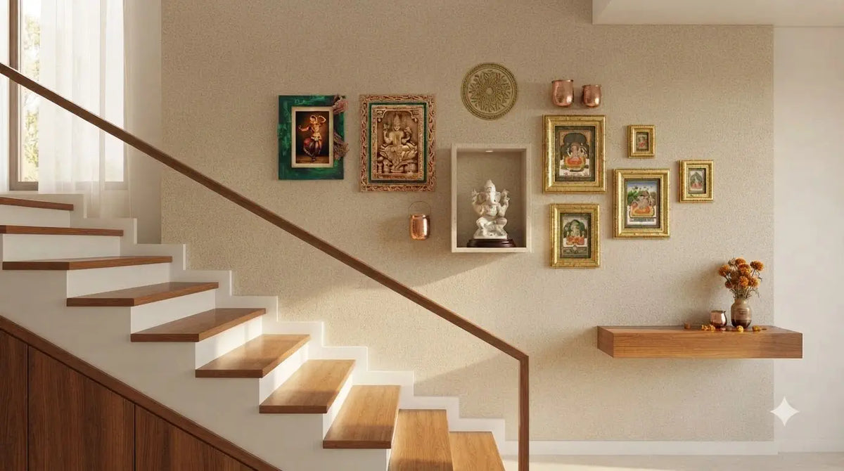 Staircase wall decorated with Indian handcrafted art and photo frames