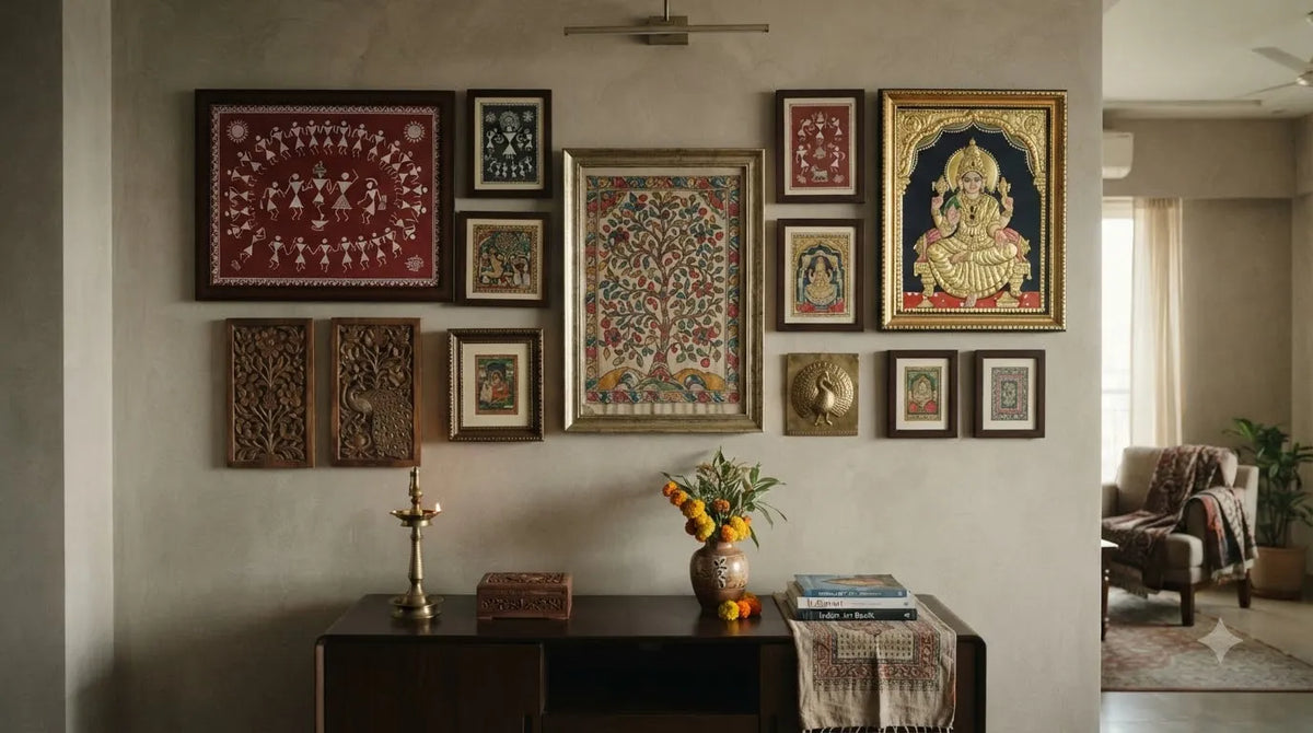 Gallery wall with Indian art and handcrafted home decor in a living room