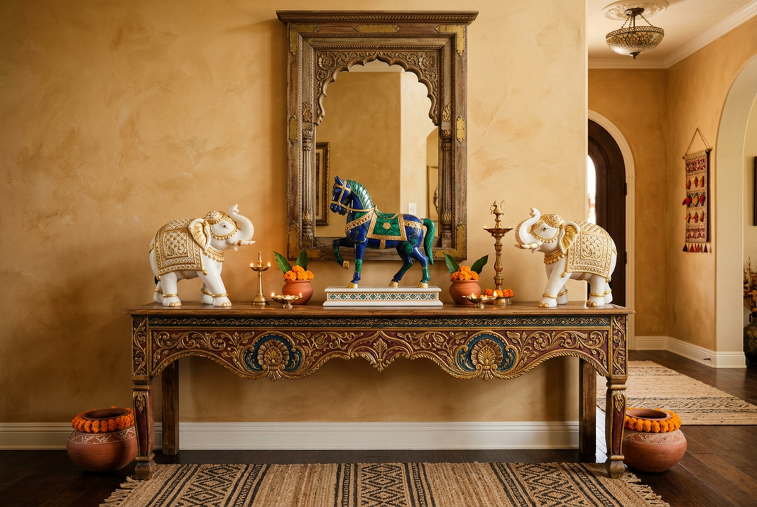 Indian foyer decor with handcrafted elephant, horse and deity statues