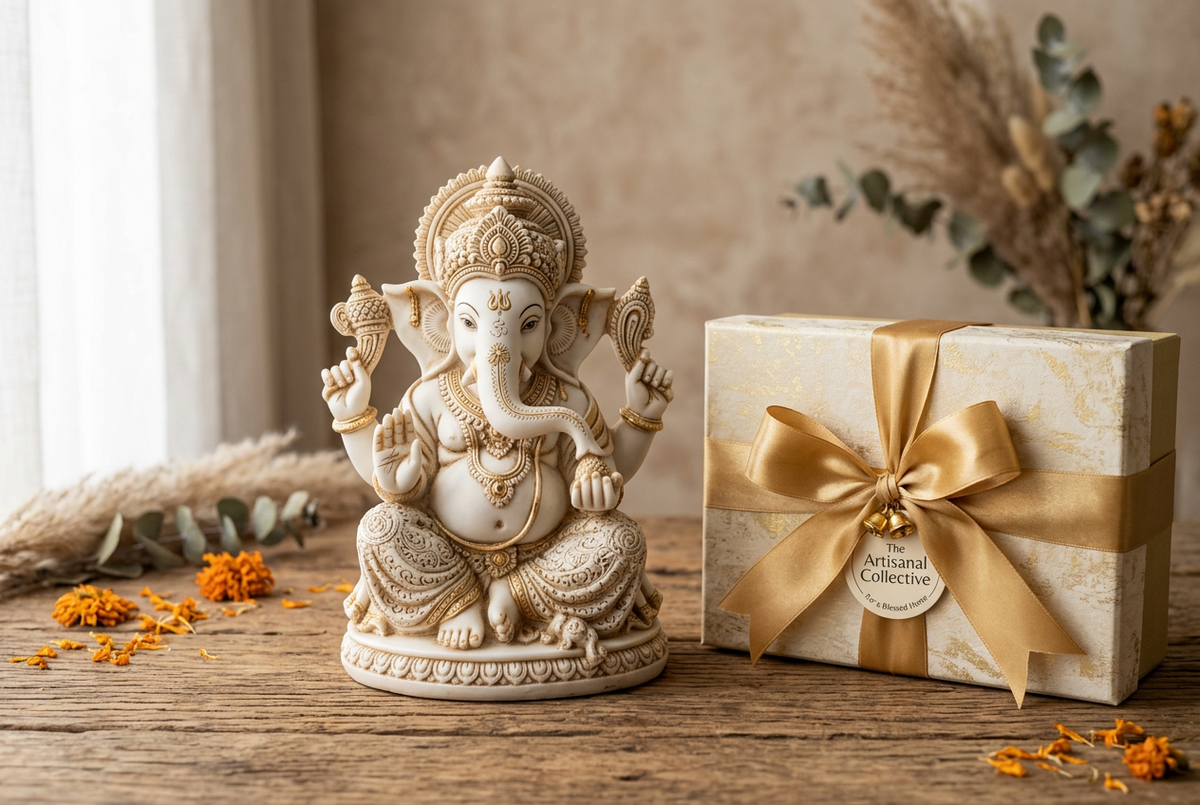 Handmade Indian statue wrapped as a gift with a handwritten note