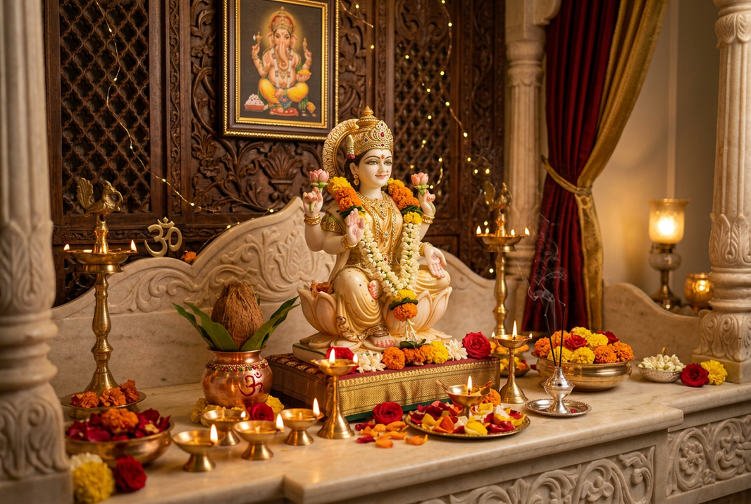 Handcrafted Lakshmi Ganesh idol and silver plated pooja items in a home pooja room