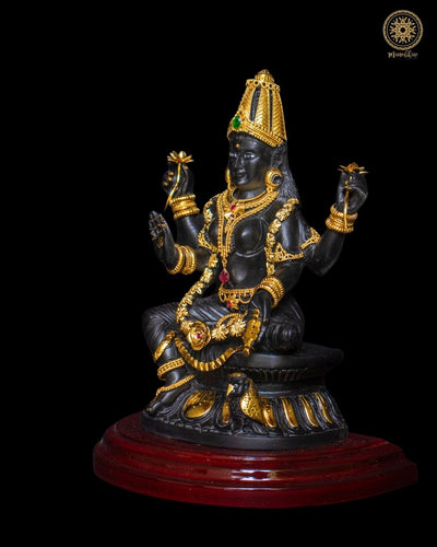 Schwarze Lakshmi Ji Statue 9,6 Zoll mit vergoldetem Schmuck