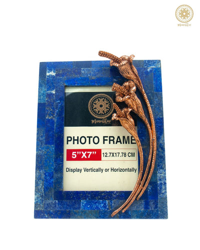 Blue Lapis Lazuli Photo Frame | Embellished With Rose Gold Tulip