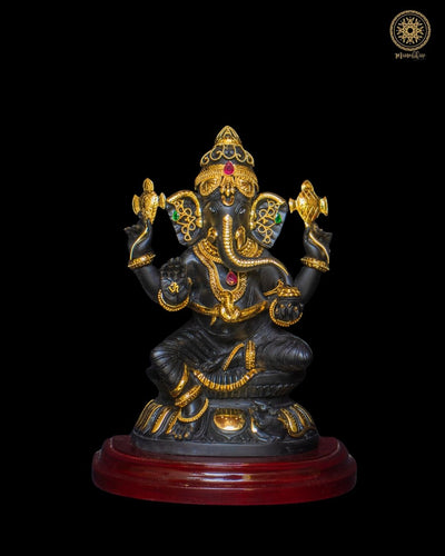 10" Black Lord Ganesha Idol with Gold-Plated Jewelry