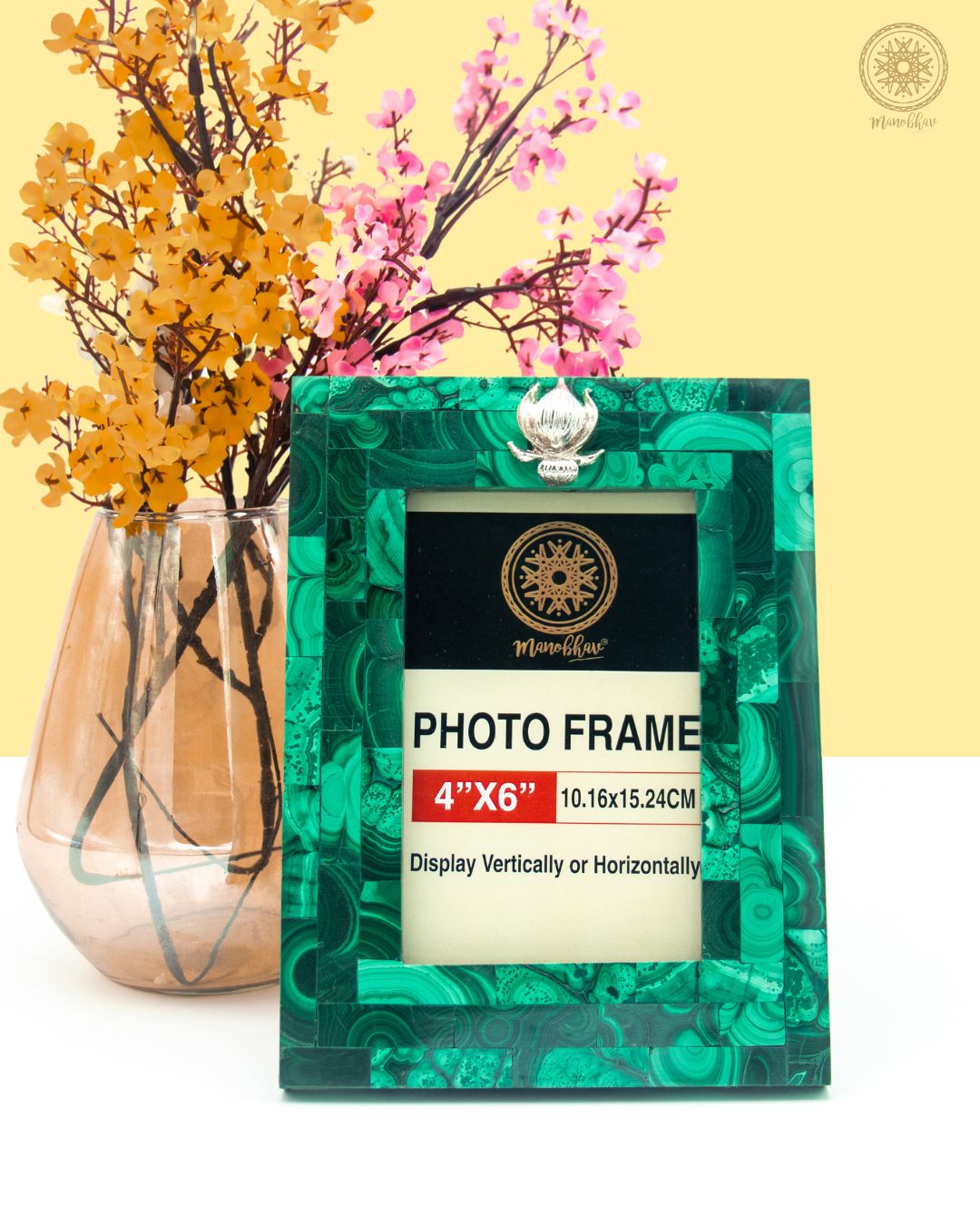 Natural Malachite Photo Frame | Embellished with Silver Lotus