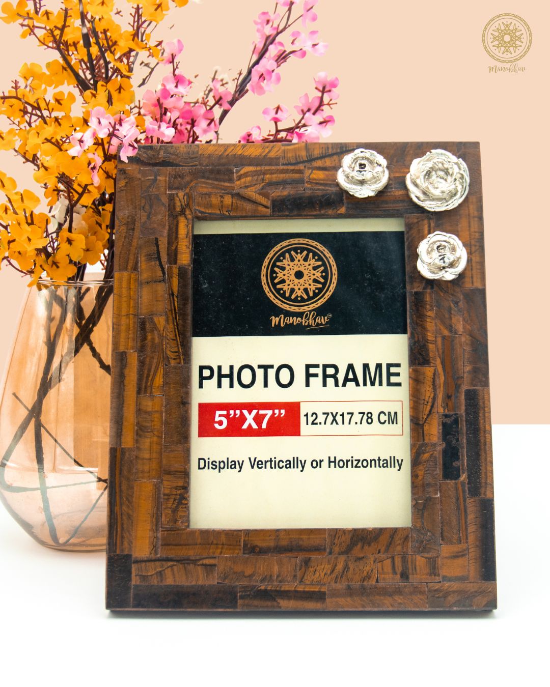 Natural Tiger Eye Photo Frame Stand | Embellished with Silver Rose