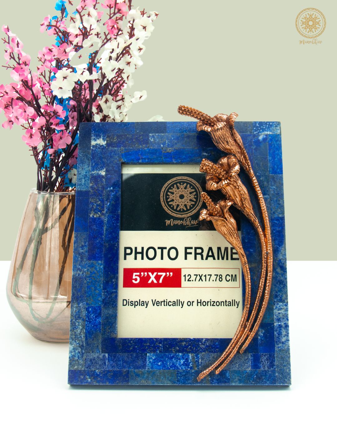 Blue Lapis Lazuli Photo Frame | Embellished With Rose Gold Tulip
