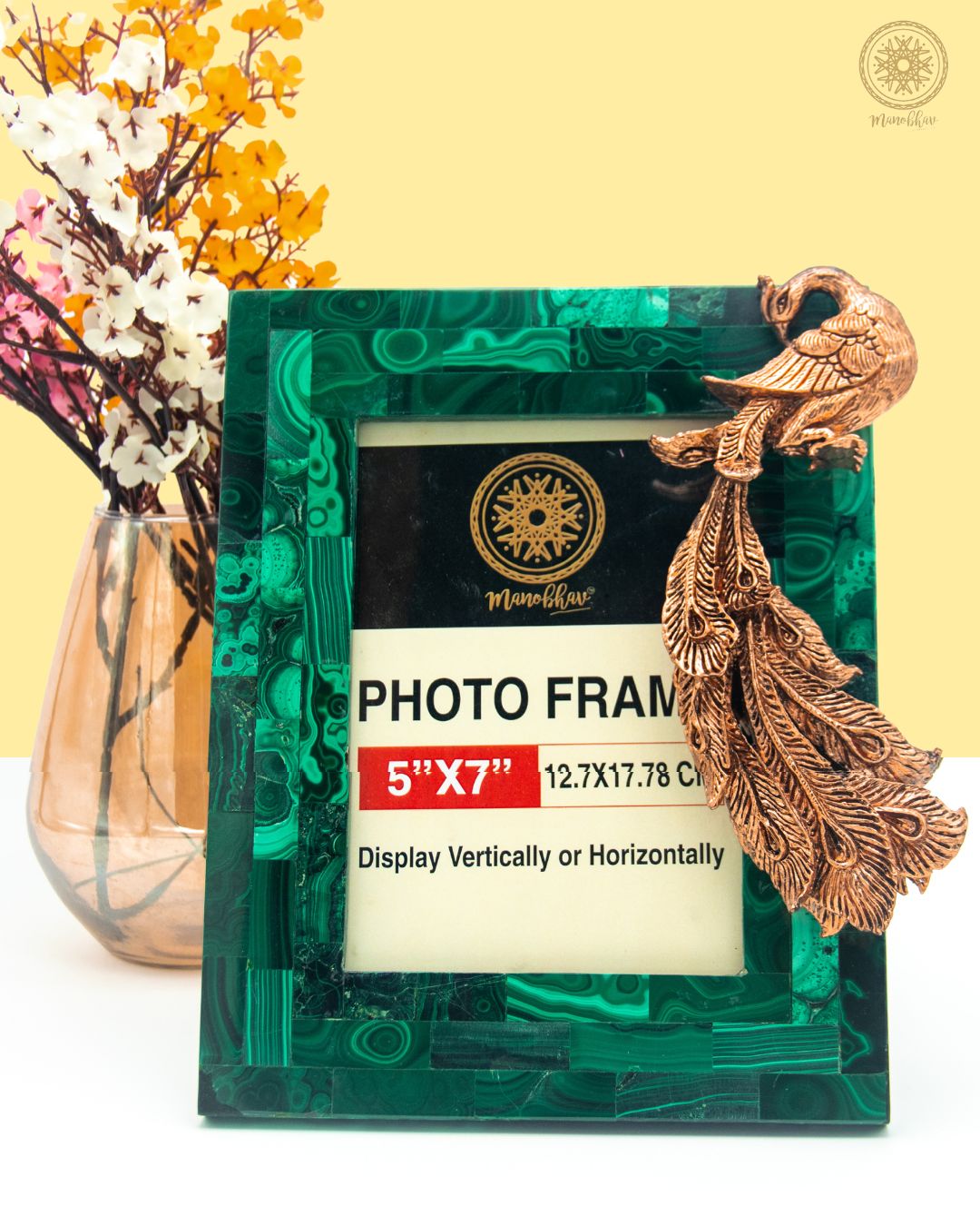 Natural Malachite Photo Frame | Embellished with Rose Gold Peacock