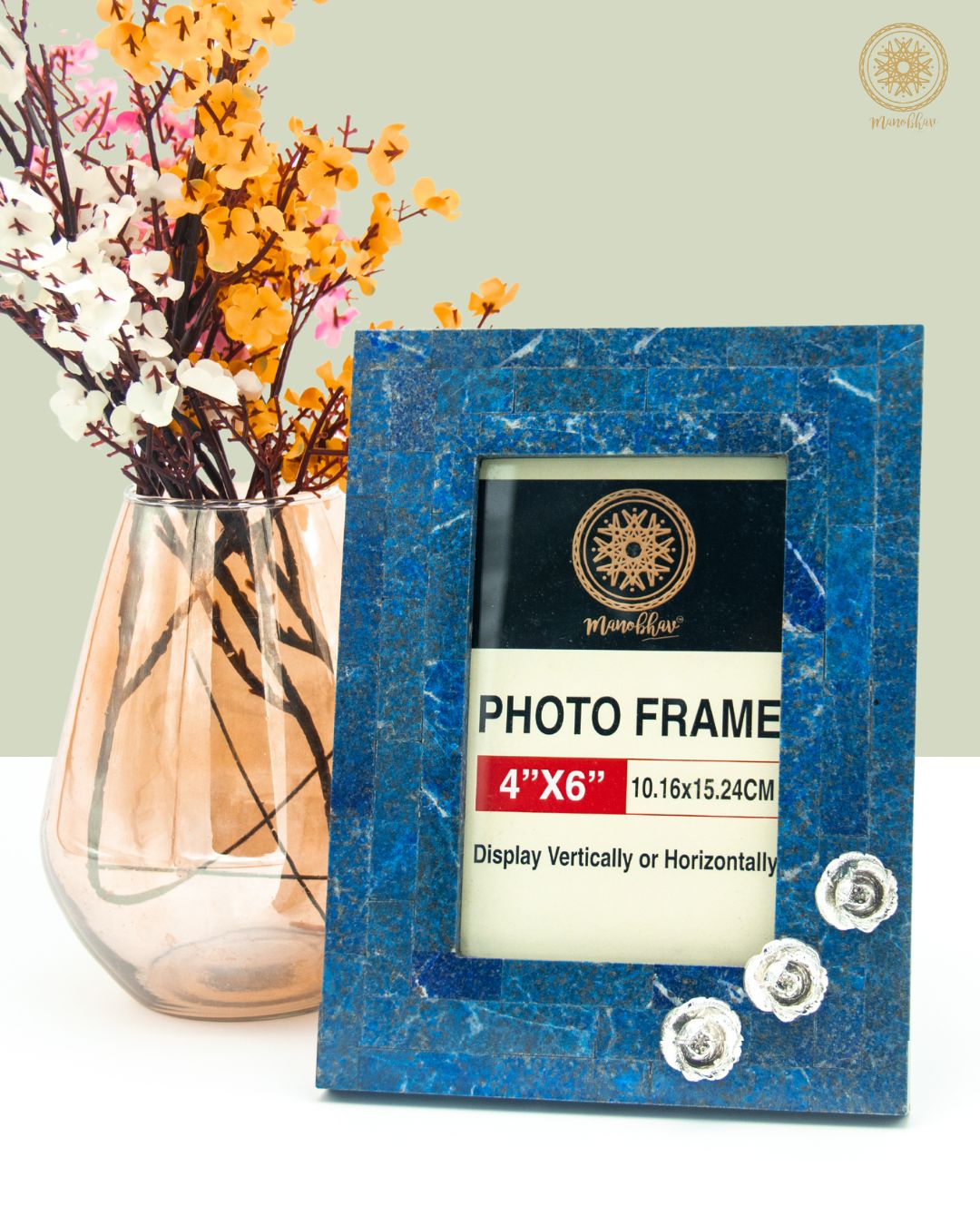 Blue Lapis Lazuli Photo Frame | Embellished With Silver Rose