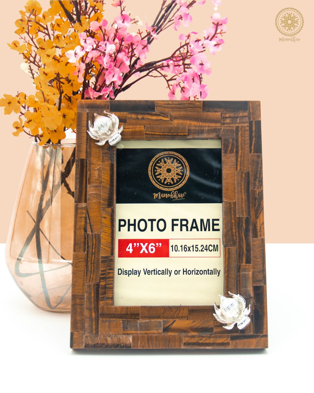 Natural Tiger Eye Photo Frame Stand | Embellished with Silver Lotus