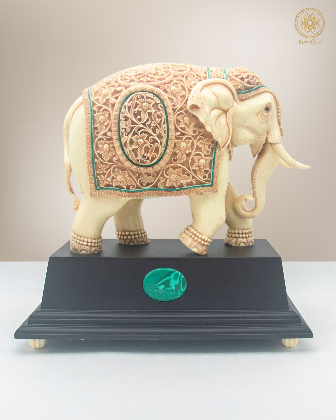 Hand-Carved Resin Elephant Statue with Malachite | Unique Tabletop Decorative Showpiece