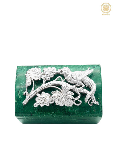 Malachite Jewelry Box Embellished with Silver flower and bird