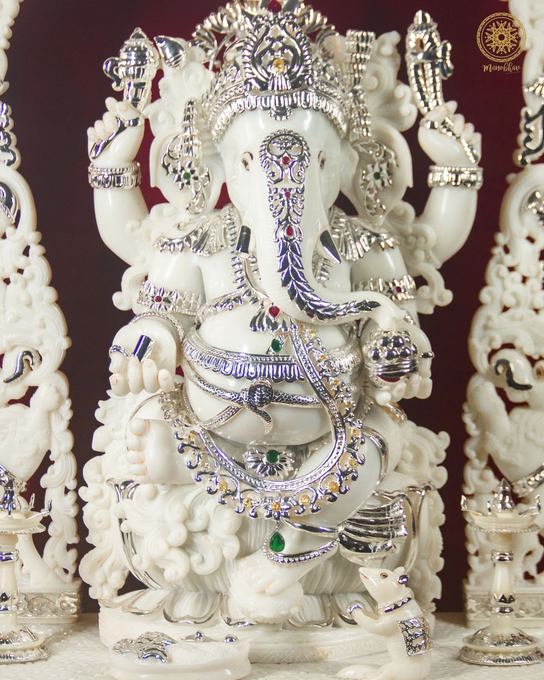 Large Marble Dust Ganesha Idol with silver-plated jewelry for Home & Pooja Rooms