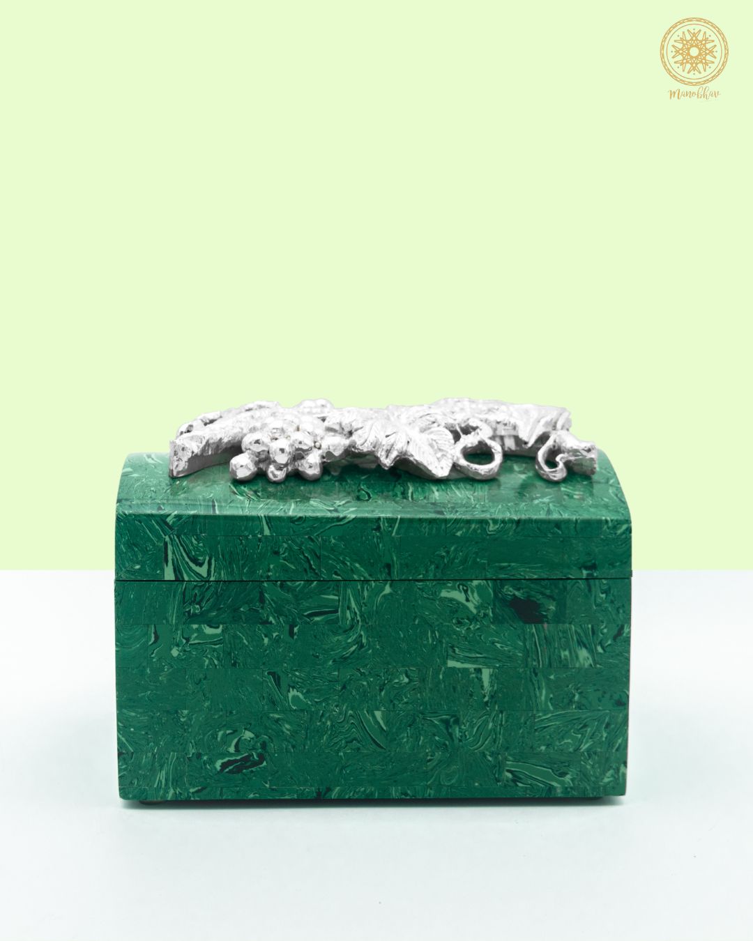 Malachite Jewelry Box Embellished with Silver flower and bird