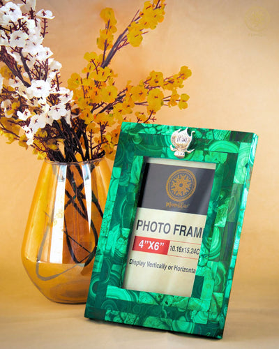 Natürlicher Malachit-Fotorahmen | Verziert mit silbernem Lotus