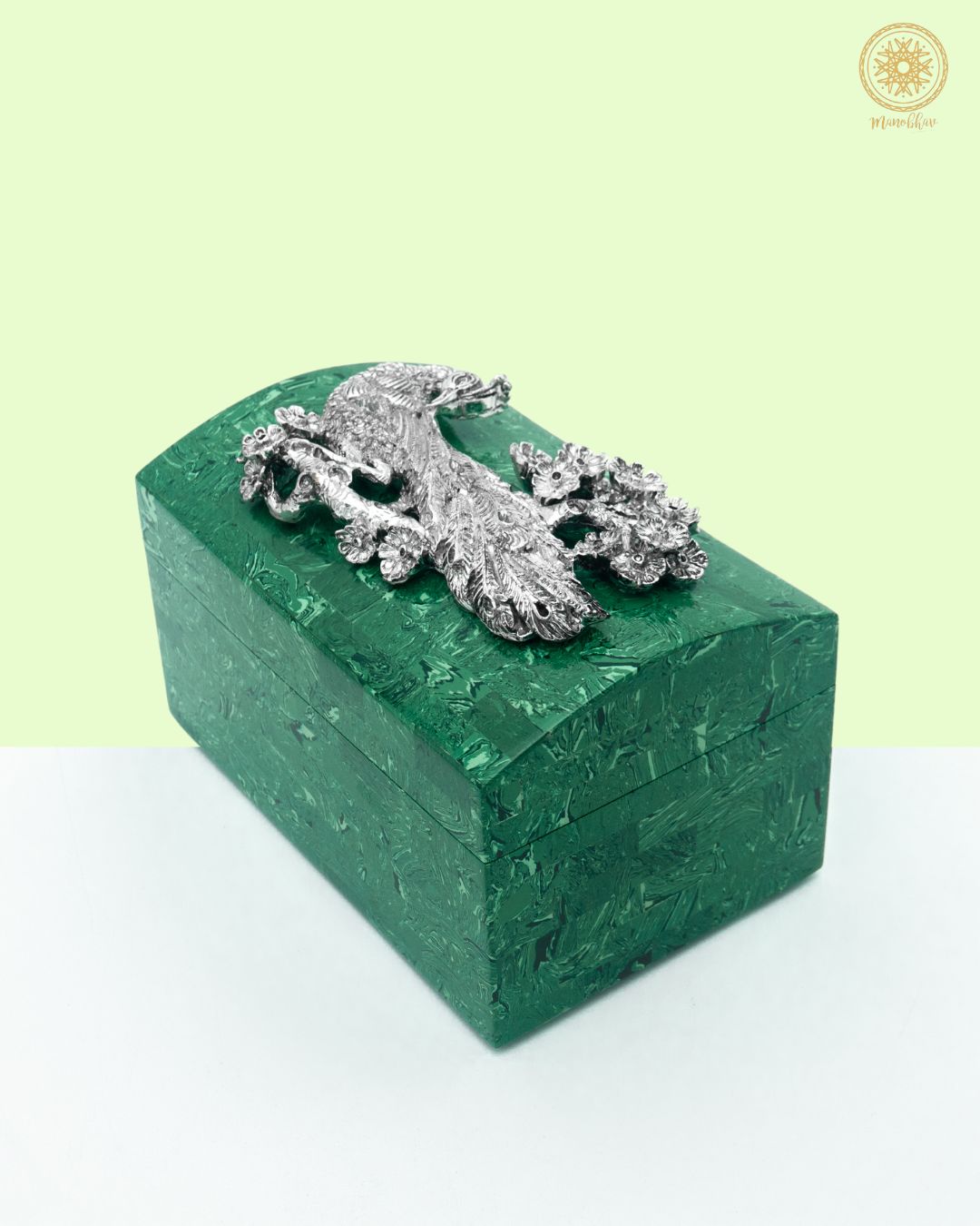 Malachite Jewelry Box Embellished with Silver Peacock