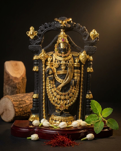 Schwarze Tirupati Balaji Statue mit vergoldetem Schmuck