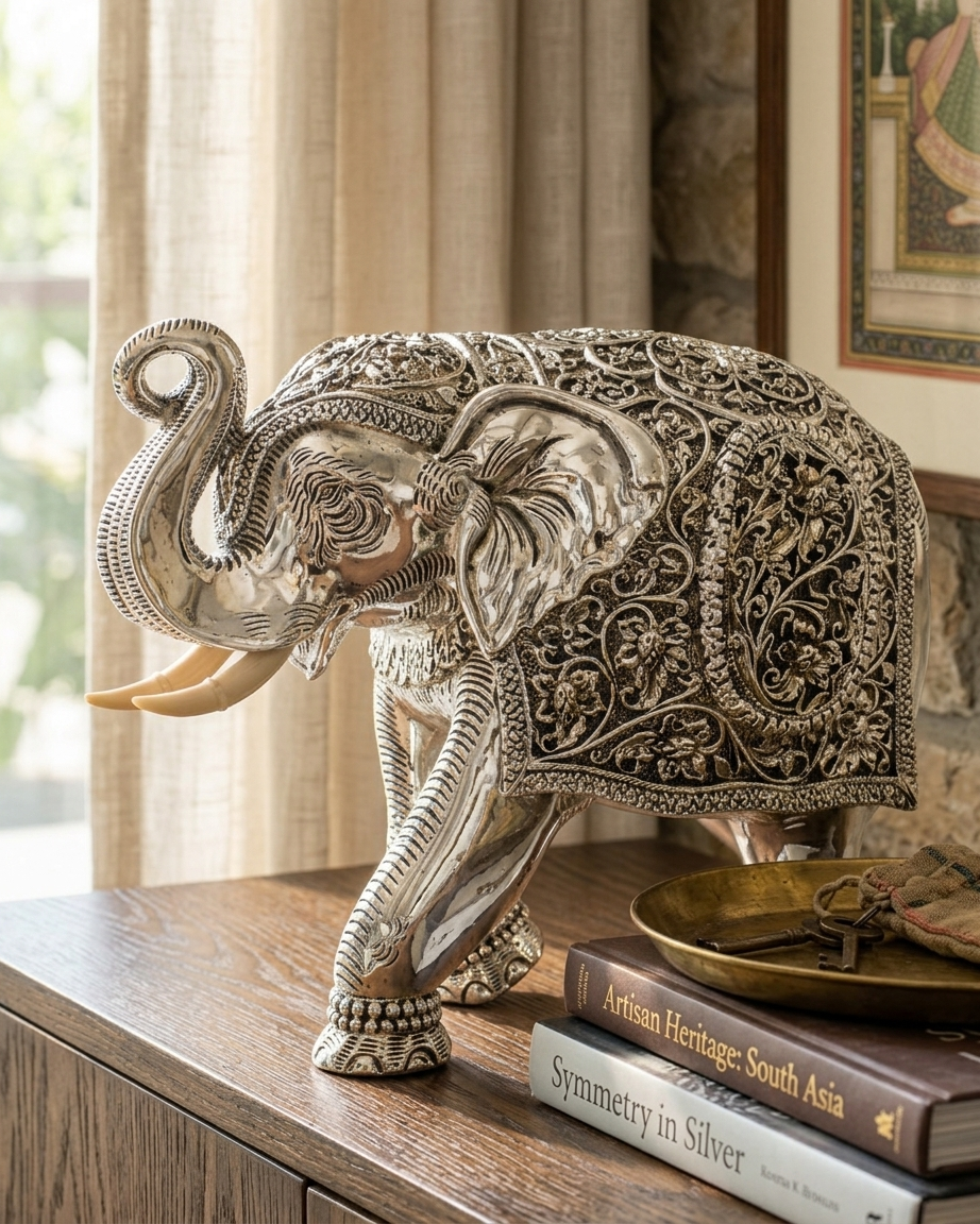 Handmade Silver Plated Elephant Showpiece with Hand-Carved Floral Design