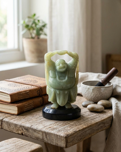 Handgeschnitzte Statue des glücklich lachenden Buddha aus grünem Aventurin