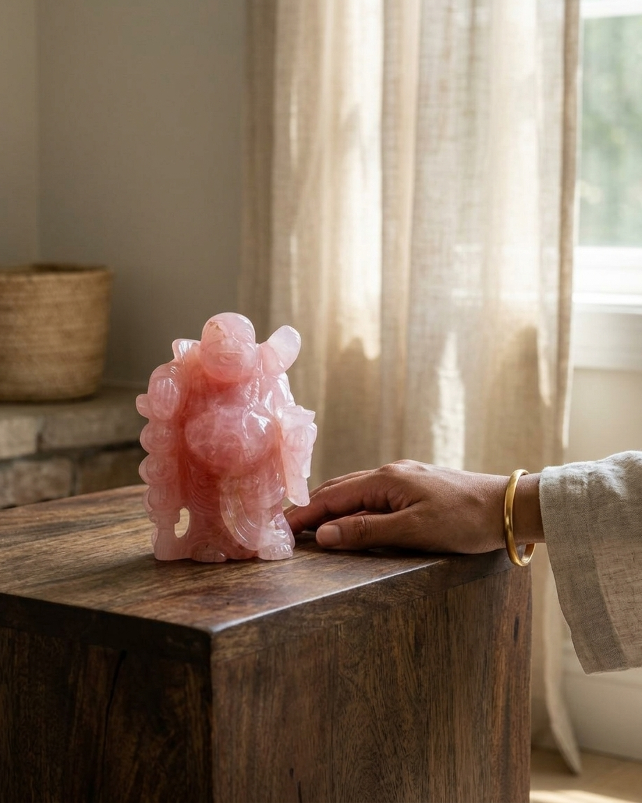 Rose Quartz Standing Laughing Buddha Statue for Love and Happiness