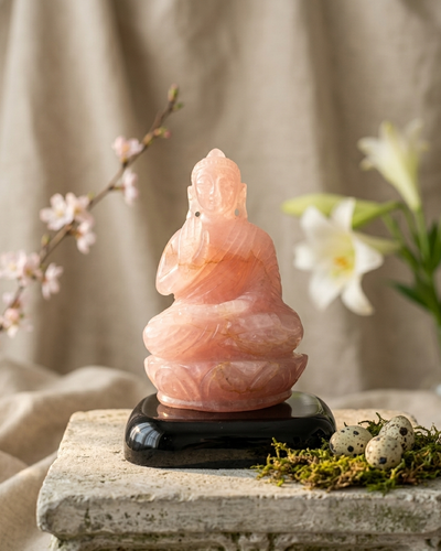 Rosenquarz Vitarka Mudra Buddha-Statue für Liebe und Weisheit