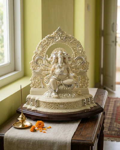 Große Panchmukhi Ganesha Statue aus Marmorstaub mit versilbertem Schmuck