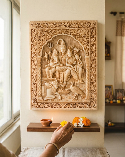 Handgeschnitzte hinduistische Skulpturen als Wandbehang – für Zuhause, Tempel, Puja | Religiöse Dekoration und Geschenk