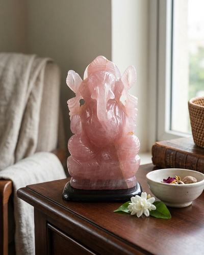 Handgefertigte Ganesha-Statue aus Rosenquarz