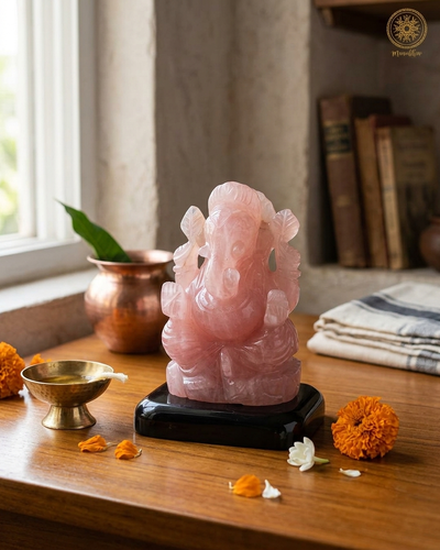 Ganesha-Statue aus natürlichem Rosenquarz | handgeschnitzter Edelstein