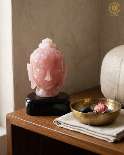Buddha-Statue aus natürlichem Rosenquarz | Handgeschnitzte Edelstein-Tischplatte