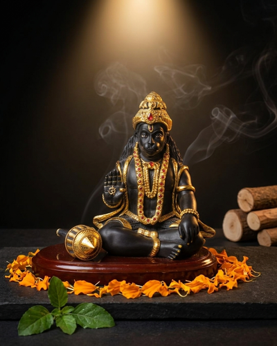 Schwarze Hanuman-Statue, die Segen spendet, mit vergoldetem Schmuck