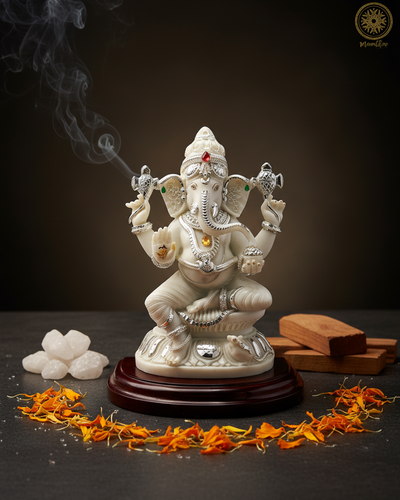 Handgefertigte Murmelstaub-Lord-Ganesha-Statue mit versilbertem Schmuck