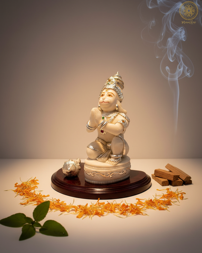 Handgefertigte Marmorstaub Hanuman-Statue mit silberfarbenem Schmuck-Finish