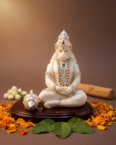Handgefertigtes Lord-Hanuman-Idol aus Marmorstaub mit versilberten Ornamenten
