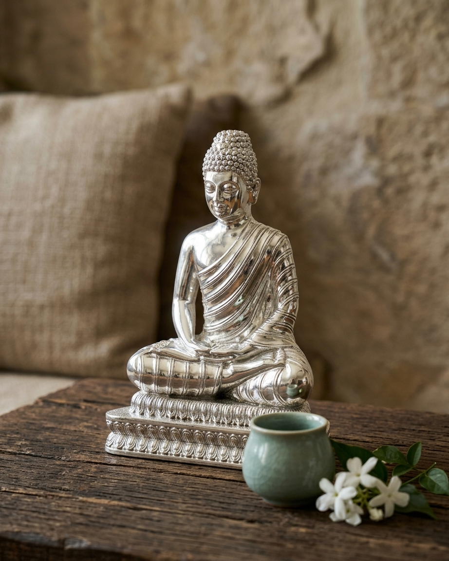 Hand-Carved Buddha Statue | Silver-Plated Resin Sculpture for Home Decor