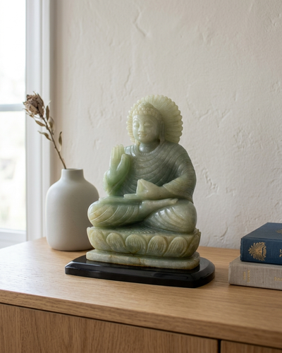 Grüner Aventurin Vitarka Mudra Buddha-Statue – Handgeschnitzter Kristall