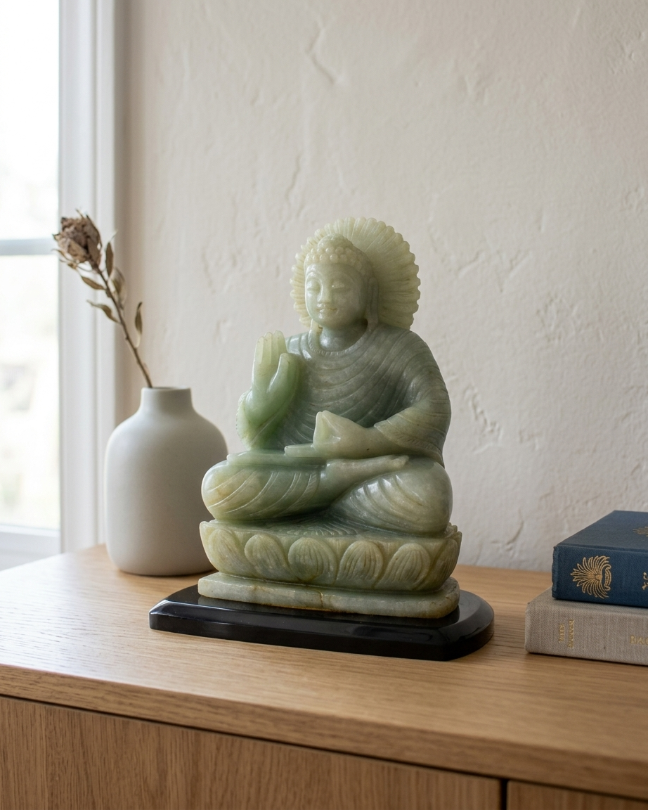 Green Aventurine Vitarka Mudra Buddha Statue – Hand Carved Crystal