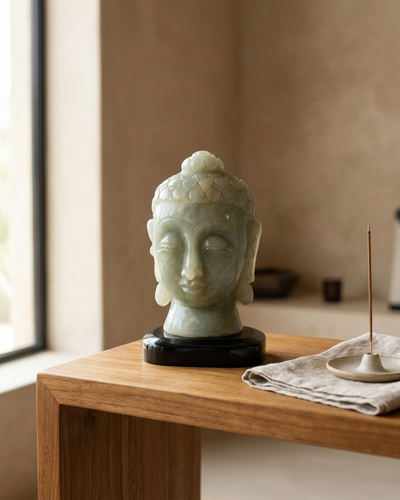 Handgeschnitzter grüner Aventurin Buddha Kopf | Kristallstatue für Ruhe & Glück