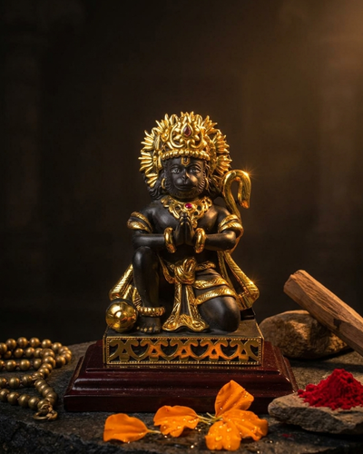 Schwarze Hanuman Ji Statue mit wunderschönem Mukut und vergoldetem Schmuck