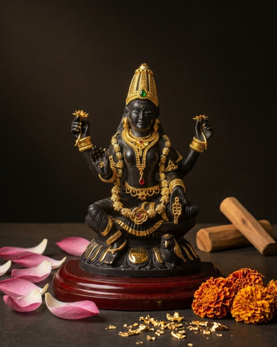 Schwarze Lakshmi Ji Statue 9,6 Zoll mit vergoldetem Schmuck