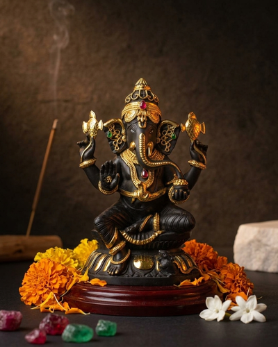 25,4 cm große schwarze Lord Ganesha Statue mit vergoldetem Schmuck